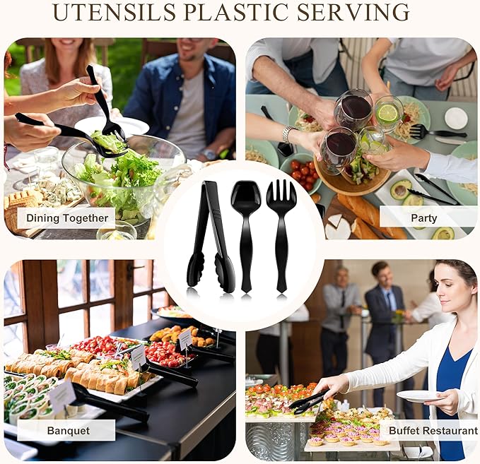 Mwellewm 36Pcs Plastic Serving Utensils Set 9'' Large Disposable Serving Spoons Forks Tongs for Serving Food Heavy Duty Black Large Party Utensils Supplies for Buffet Restaurant Dinner Salad Soup