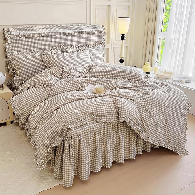 LifeTB Tan Gingham Comforter Set Full Vintage Ruffle Taupe Plaid Comforter Set 3 Pieces Soft Fluffy Grid Checkered Pattern Comforter with 2 Pillowcases Farmhouse Gingham Bedding Comforter Full