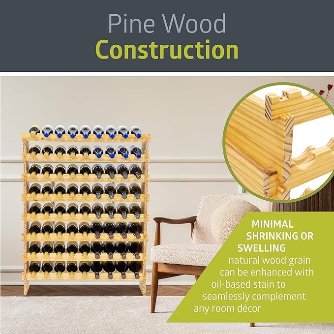 Pearington 72 Bottle Stackable Modular Wine Rack, 8-Tier Solid Pine Wine Bottle Holder, Free Standing Display Shelf, Wobble-Free Shelves for Kitchen, Bar, and Cellar, 10” x 33.5” x 43”