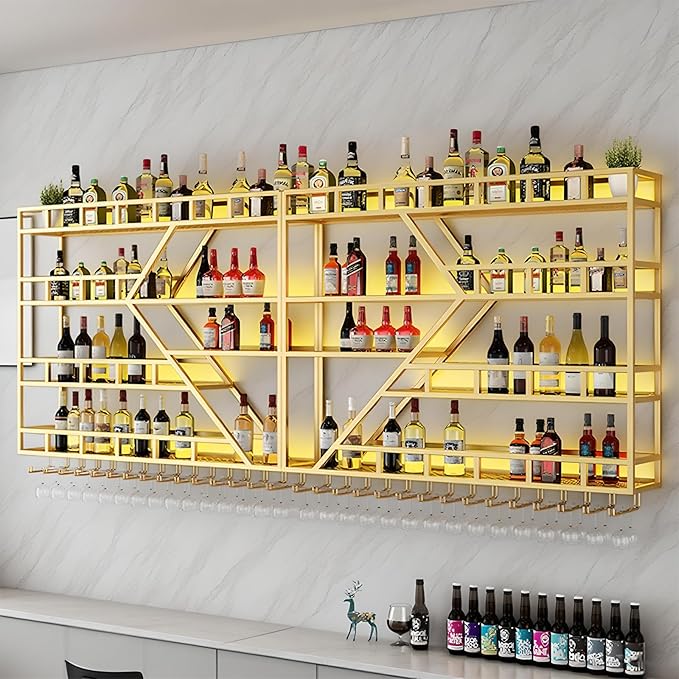 94.48in Metal Wine Rack Wall Mounted, Modern Wine Storage Rack Wall Mounted with Wine Glass Holder, Liquor Shelf, Bar Shelves for Liquor Bottles (4 Tiers Gold, 94.48 * 7.87 * 48.5INCH)
