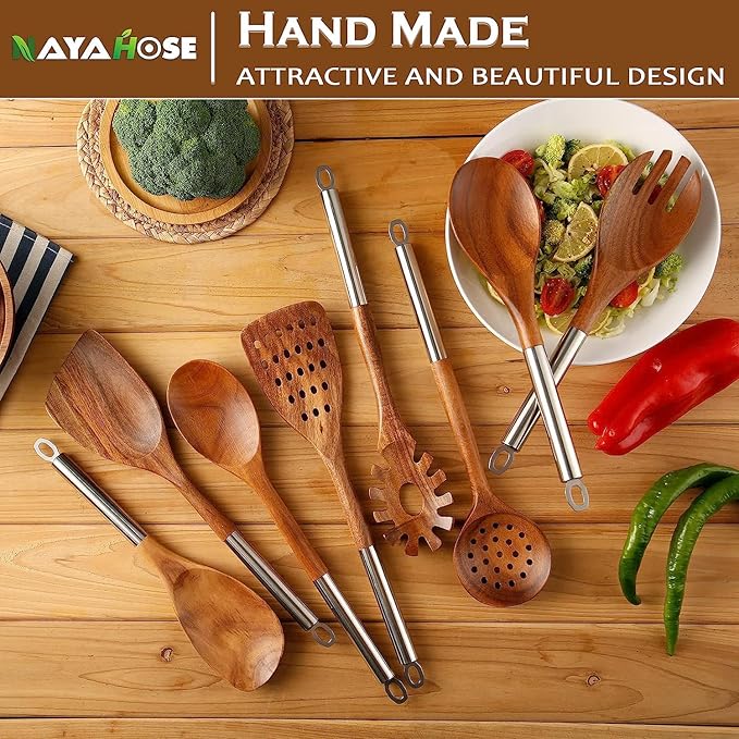 Wooden Spoons for Cooking with Utensils Holder, 10-Pieces Wooden Utensil Set Non-Stick, Natural Teak Cookware Wooden Cooking Spurtle Set, with Stainless Steel Handle