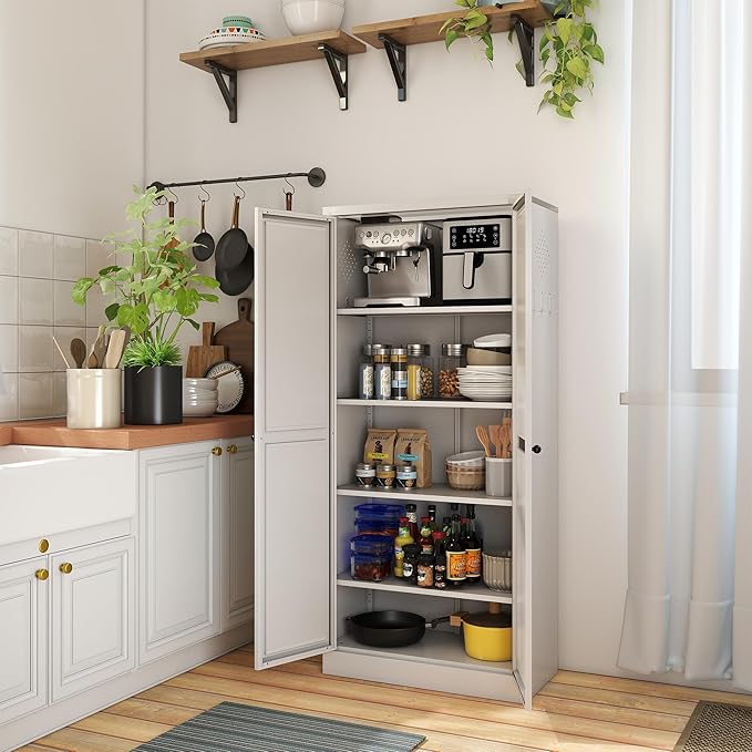 Kitchen Pantry Cabinet, 61" H Storage Cabinet with Doors and Adjustable Shelves, Metal Bathroom Cabinets, Utility Cabinets for Kitchen, Home Office, Garage, Assembly Required, White