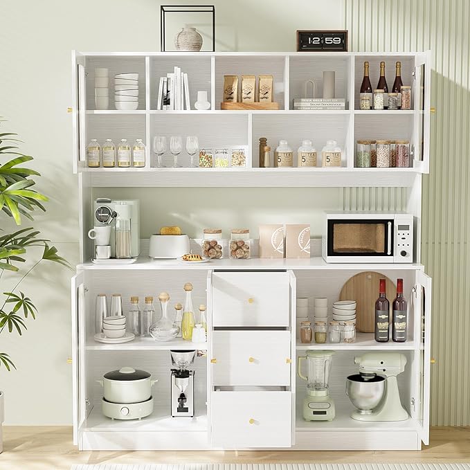 VOWNER Large Kitchen Hutch Cabinet, Kitchen Pantry Storage Cabinet with 6 Glass Doors, 3 Drawers & Microwave Shelf, Freestanding Cupboard for Open Storage (White)