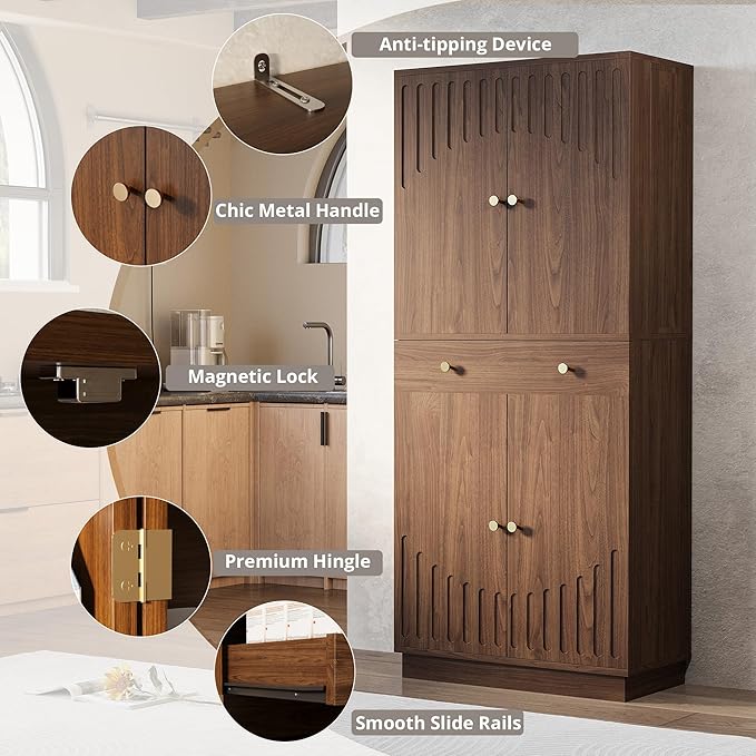 IRONCK Farmhouse Kitchen Pantry Cabinet, 72" Tall Pantry Cabinets with 2 Pull Doors and Drawer Organizing Board Storage for Home Kitchen Dining Room, Walnut Brown