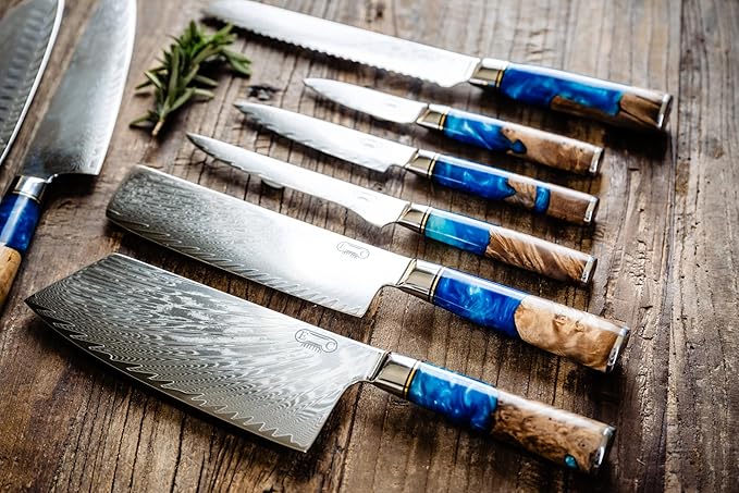 Epicurean Cook Damascus Kitchen Knife Set with VG10 Steel - 8-Piece Japanese Damascus Knife Set for Professional Performance - Ultra Sharp Chef Knives with Blue Resin Burl Wood Handles