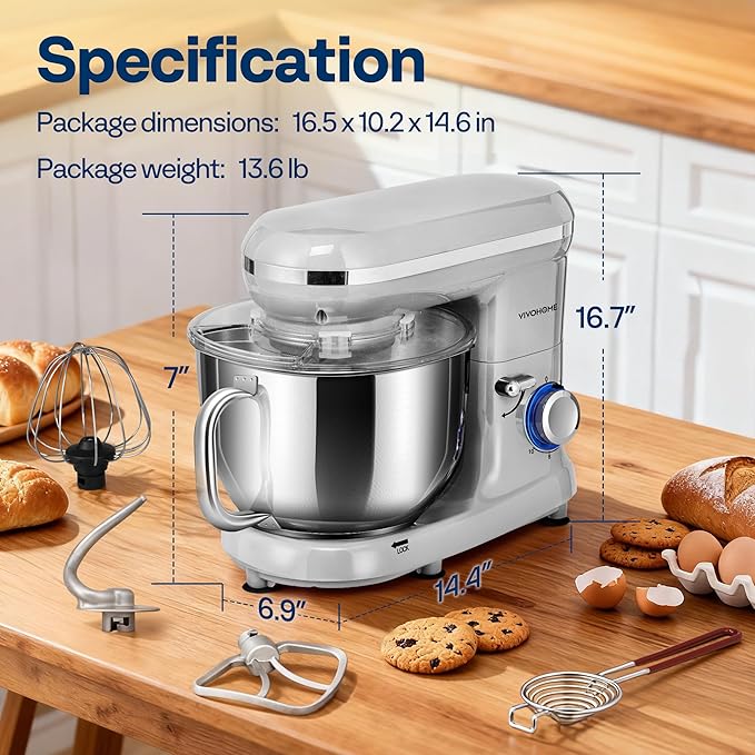 VIVOHOME Stand Mixer, 660W 10 Speed 6 Quart Tilt-Head Kitchen Electric Food Mixer with Beater, Dough Hook, Wire Whip and Egg Separator, Silver