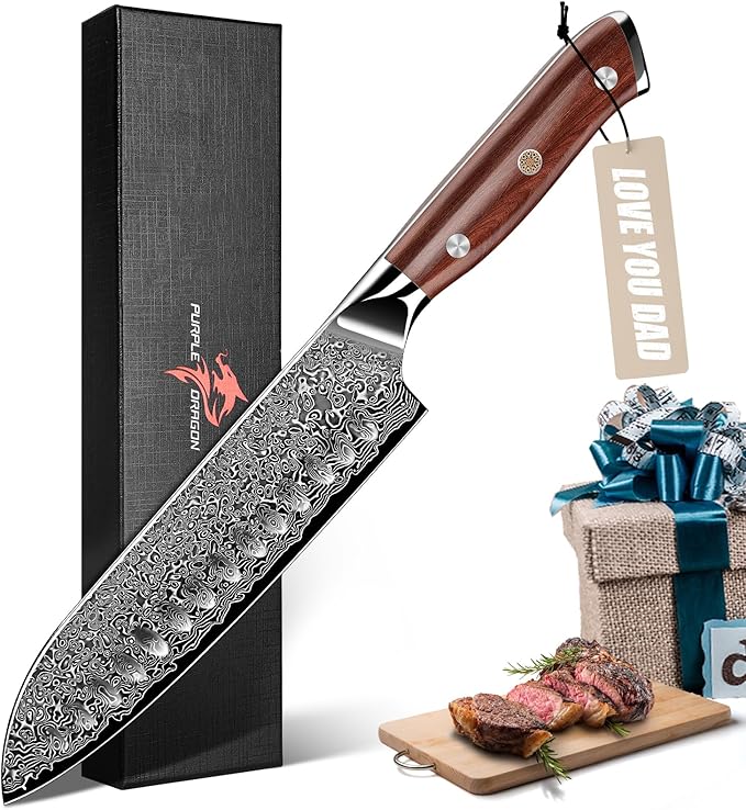 Purple Dragon Santoku Knife 7 Inch, VG10 Steel Damascus Japanese Chef Knife for Kitchen Cooking Meat Cleaver, Cutting Vegetables and Fruit - Christmas Gift for Men and Women