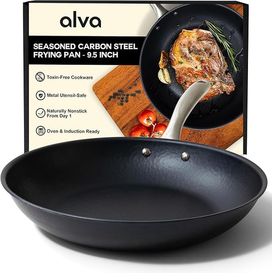 Alva Black Angus 9.5??Carbon Steel Frying Pan ??Naturally Nonstick, PFAS-Free & Toxin-Free, Oven & Induction Safe, Chef-Grade Heat Control, Built to Last a Lifetime, Designed in Belgium