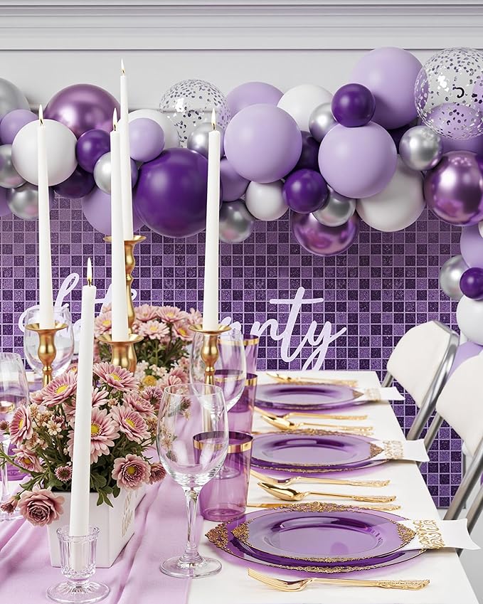 Nervure 175PCS Clear Purple Plastic Plates - Purple Party Plates Set for 25 Guests Include 25Dinner Plate, 25Dessert Plate, 25Cups, 75 Cutlery, 25Napkins Perfect for Wedding & Party & New Year