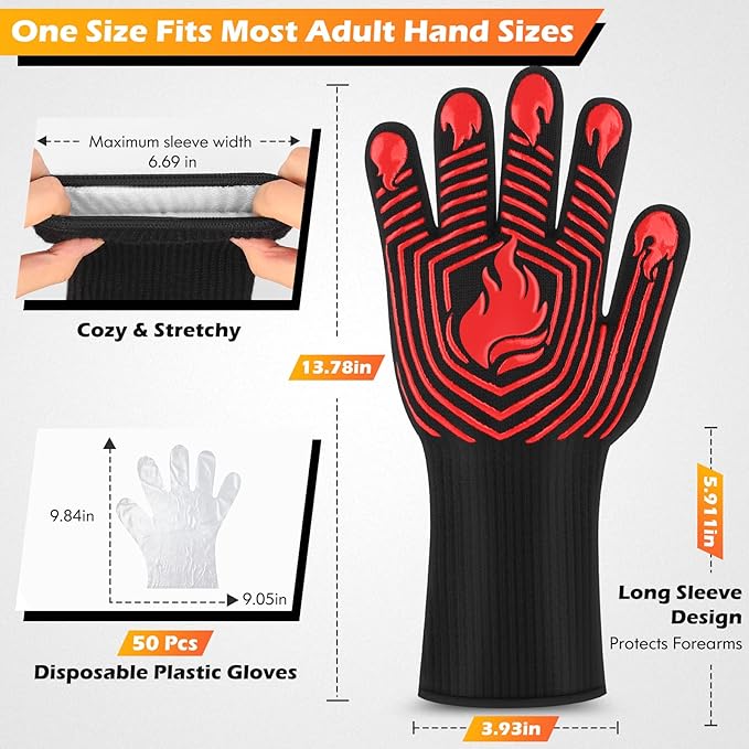 BBQ Gloves, 1472째F Heat Resistant Gloves Fireproof Mitts, Grilling Gloves Silicone Non-Slip Washable Oven Glove, Kitchen Glove for Barbecue, Grilling, Cooking, Baking, Camping, Smoker (Red)