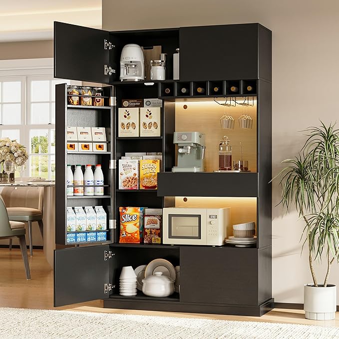 iPormis 69" Tall Kitchen Pantry Storage Cabinet with LED Lights & Microwave Stand & Wine Rack, Kitchen Hutch with Door Shelves & Adjustable Shelf & Drawers & Charge Station for Living Room, Black