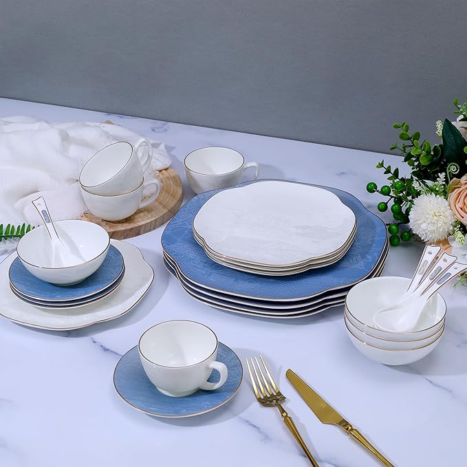 Blue 24 Piece Porcelain Dinnerware Set,Bone china for 4, Plates and Bowls Sets With Beautiful Pattern, Highly Chip and Crack Resistant | Dishwasher Safe Dishes Set (Deep Blue + Pattern)