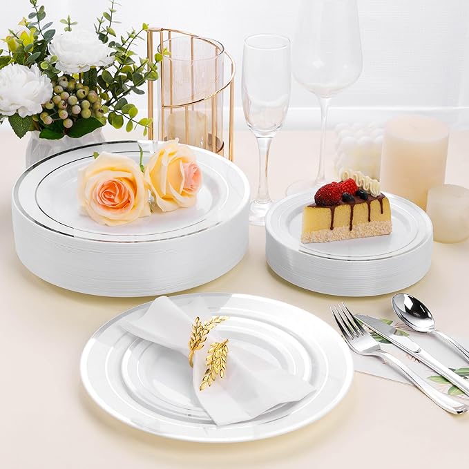 BESTSTAR 7 Inch White Plastic Plates,100PCS Disposable Dessert/Appetizer/Small Cake Plates with Silver Rim,Heavy Duty Plate Ideal for Christmas, Wedding and Birthday