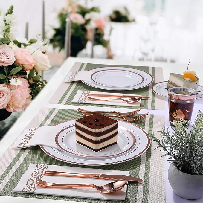 FOCUSLINE 350 Ct Disposable Dinnerware Set for 50 Guests -Heavy Duty Plastic Plates with Rose Gold Rim, Includes 50 Dinner & Salad Plates, Cups, Napkins, Cutlery Set