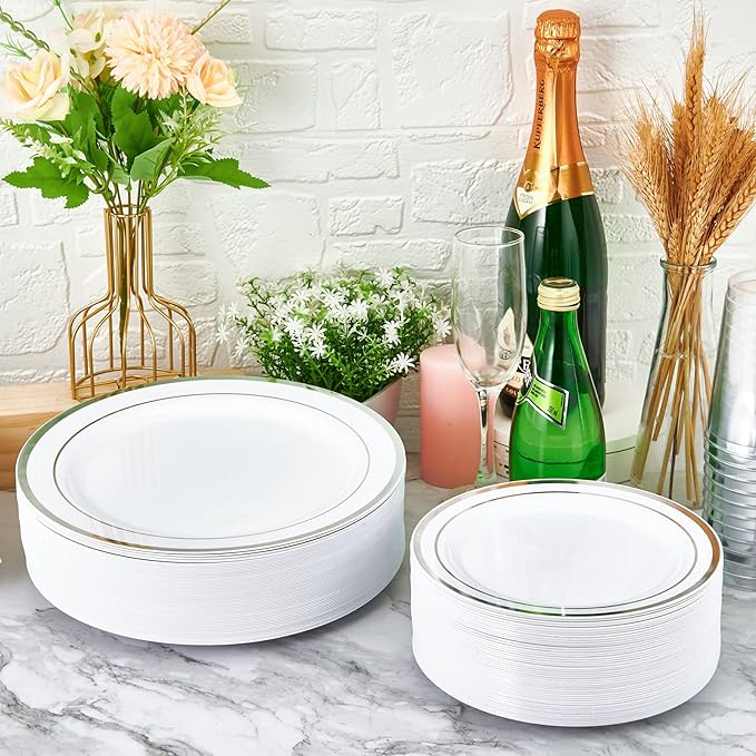 JollyPack 100 Piece Disposable Silver Plastic Party Plates, Including 50 10 Inch Dinner Plates and 50 7 Inch for Dessert, Great for Parties, Weddings, Home Use, and Christmas