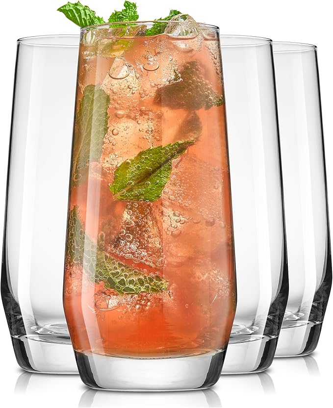 JoyJolt Gwen 18.5 oz Highball Glasses, 4pc Tall Glass Sets. Lead-Free Crystal Glass Drinking Glasses. Water Glasses, Mojito Glass Cups, Tom Collins Bar Glassware, and Mixed Drink Cocktail Glass Set