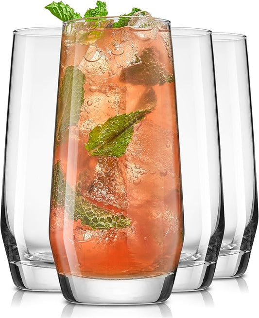 JoyJolt Gwen 18.5 oz Highball Glasses, 4pc Tall Glass Sets. Lead-Free Crystal Glass Drinking Glasses. Water Glasses, Mojito Glass Cups, Tom Collins Bar Glassware, and Mixed Drink Cocktail Glass Set
