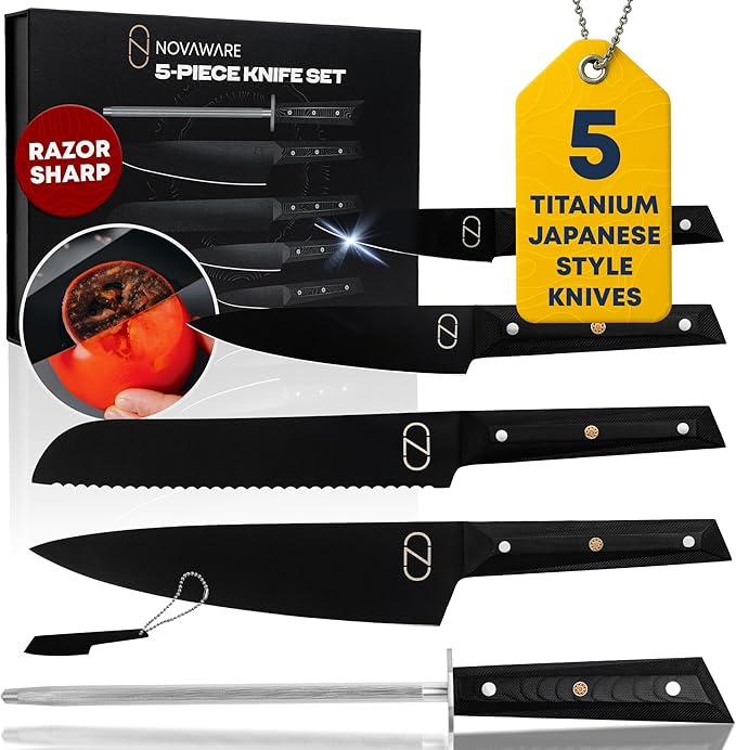 NOVAWARE 5 Pc Kitchen Knife Set ??Ultra Sharp 60 HRC Chef Knife Sets, Black Titanium Coated Steel, Ergonomic G10 Handles ??Chef Knives Without Block + Mini-Knife, Professional Knives Set for Kitchen