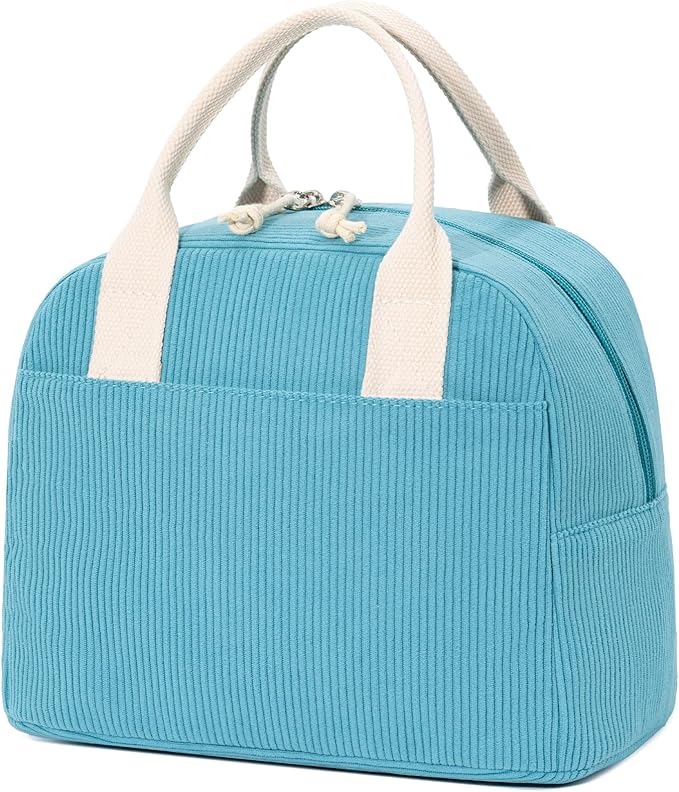 LOVELYWIND Insulated Lunch Bag for Women Men, Stylish Corduroy Tote Bag with Aluminum Lining, Large Capacity Reusable Cooler for Work, Travel, or Beach, Lake Blue Lunch Box