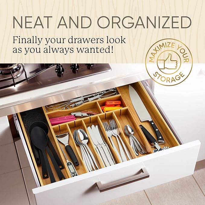 Night Tree 2.5??Extra Deep Silverware Drawer Organizer with Adjustable Dividers ??Expandable Bamboo Flatware Tray for Kitchen, Reinforced Wood Cutlery Holder (14"-21.6" Wide)