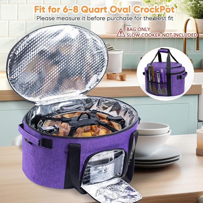 Double-Layer Slow Cooker Carrying Bag for 6-8 Quart CrockPot and Hamlton Beach Slowcooker, Travel Bag with Lid Fastener for Crock-pot, Portable Carrier with See-throught Window(BAG ONLY)