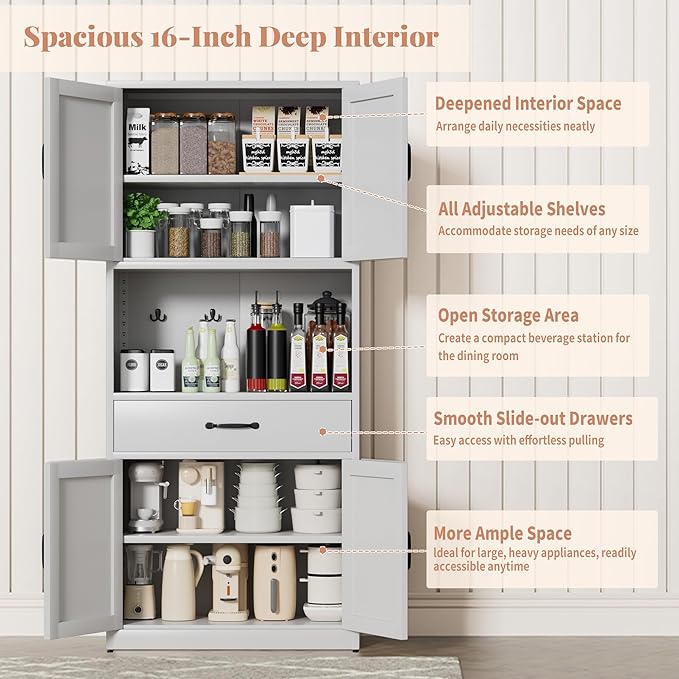 72" Tall Steel Kitchen Pantry Cabinet with Large Countertop and Adjustable Shelves, Metal Farmhouse Storage Cabinets with Microwave Stand, Kitchen Hutch Cabinet for Dining Room