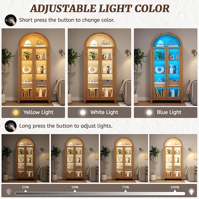 Vlsrka 71" Arched Storage Cabinet with Doors, Display Cabinet with LED Light & Human Sensor, 5-Tier Display Cases for Collectibles, Curio Cabinet with Ajustable Shelf for Living Room(Wood)