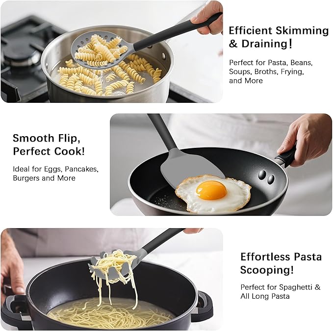 Coukre Silicone Kitchen Cooking Utensils Set with Holder ??Heat-Resistant, Food-Grade Kitchen Tools, Spatula, Spoon & Gadgets for Non-Stick Pans, Dishwasher Safe (14, Gray)