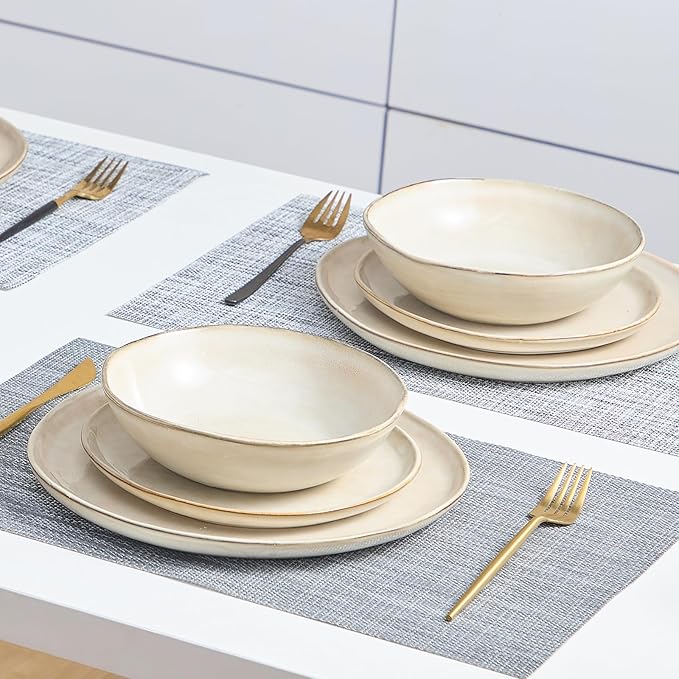 Bestone 12 Piece Round Kitchen Dinnerware Sets竊똏lates and Bowls sets,Dishes, Plates, Bowls, Dish Set, Chip Resistant Ceramic Dinnerware Set, Dishwasher/Microwave Safe,Service for 4,Brown