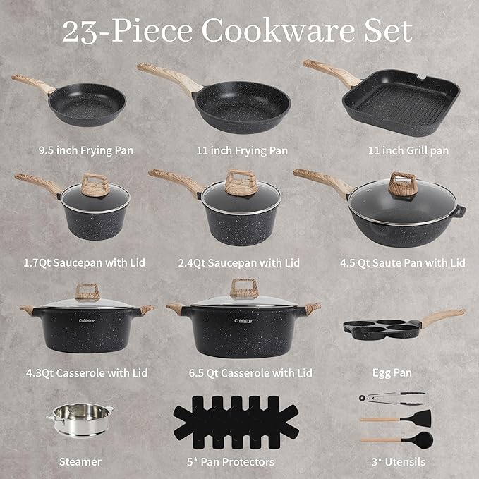 23-Piece Nonstick Pots and Pans Set ??Granite Cookware Set, PFOA-Free ??Includes Frying Pans, Saucepans, Griddle, Egg Pan ??Induction, Gas, Electric Compatible ??Black