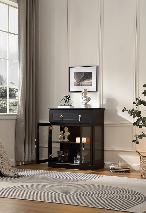 31.5'' Accent Small Buffet Cabinet with Storage, Buffet Sideboard with Two Glass Doors and a Drawer,Small Coffee bar Cabinet with Adjustable Shelf,for Kitchen and entryway,Black