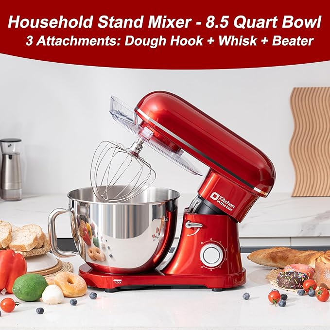 Kitchen in the box Stand Mixer - 8.5 Quart Electric Kitchen Standing Mixer 900 Watt for Heavy Bread Dough,Baking,Cake,Cream & Batters,Tilt Head Design (Red)