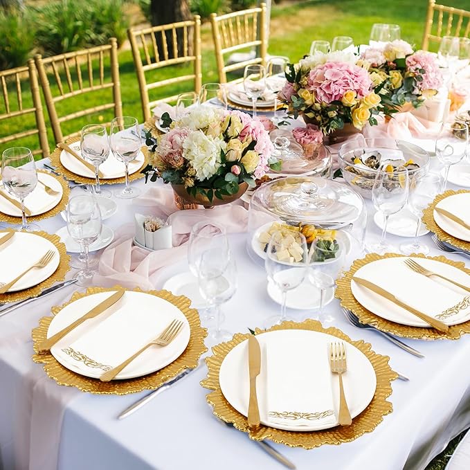 Nitial 100 Set Reef Charger Plate Set Bulk 13 Plastic Charger Plates Ruffled Rim with Paper Napkins Guest Towels for Table Setting Wedding Party (Gold)