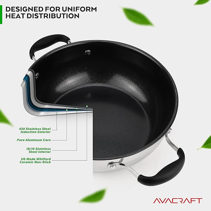 AVACRAFT Nonstick Everyday Pan, 9 inch, Ceramic Coating, Stainless Steel, Induction Compatible, Dishwasher Safe