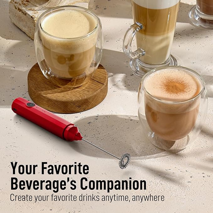 Zulay Froth N Go Milk Frother ??Rechargeable 3-in-1 Handheld Frother Wand with Travel Case & USB-C Charger ??Single, Double & Egg Whisk for Latte, Cappuccino, Matcha, Protein Shakes ??Red