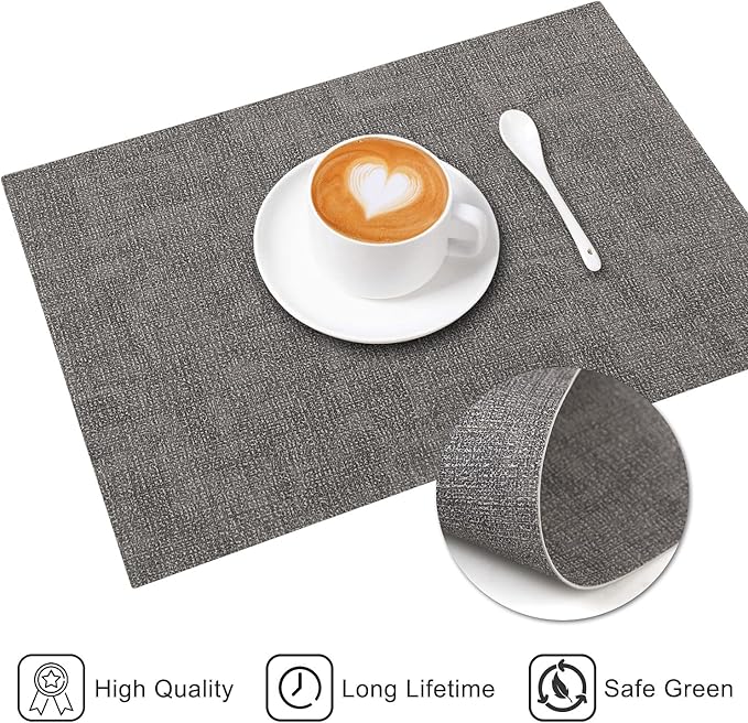 LANDVIEW Leather Heat Resistant Placemats Set of 6 Waterproof Wipeable Washable PU Table Mats,Easy to Clean Anti-Slip Place Mats (Smokey Grey, 6)