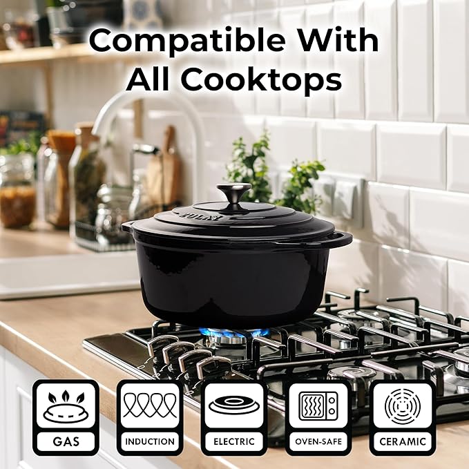Zulay Kitchen 5 Quart Enameled Cast Iron Dutch Oven Pot with Lid ??Premium Durability & Oven Safe up to 500째F ??Heavy Duty Cookware Perfect for Bread Baking, Stews, Braising & Roasting ??Black