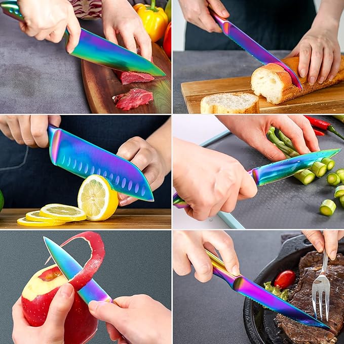 WELLSTAR Rainbow Knife Set 14 Pieces, Iridescent German Stainless Steel Kitchen Knives Set with Wooden Block, Colorful Titanium Coating, Chef?셲 Knife Block Set with Scissors and Built-in Sharpener