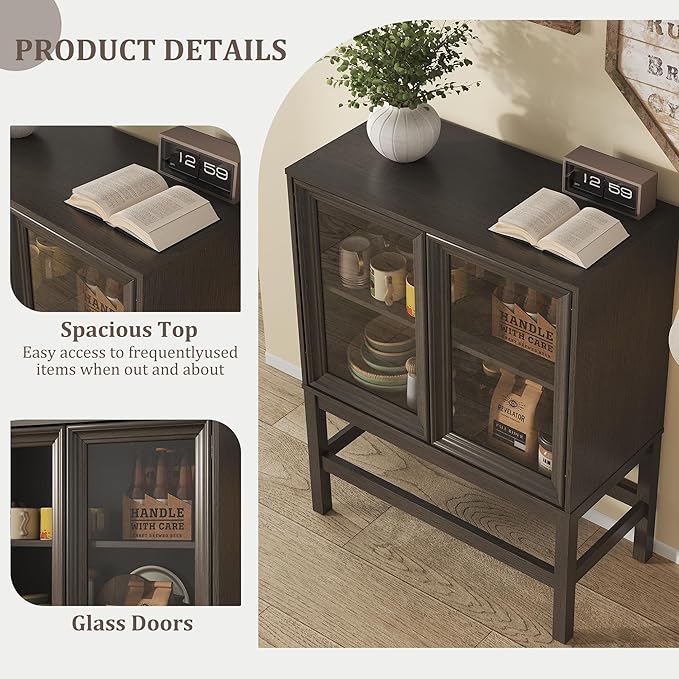 Sideboard Buffet Cabinet with Storage, Small Kitchen Coffee Wine Bar Cabinet with Glass Press-to-Open Doors, Wood Mid Century Modern Side Board Table for Dining Room, Living Room