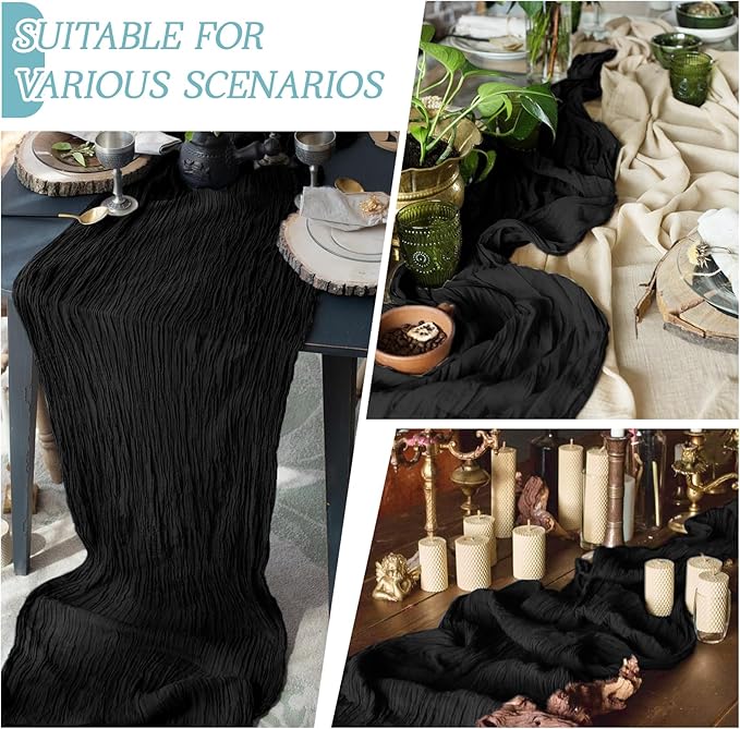 RealBox 6 Pack Black Cheesecloth Table Runner 17x108 Inch Semi Sheer Boho Gauze Cheese Cloth Fabric Table Runners Table Decor for Wedding Party Baby Shower Birthday Home Decor Garden Farmhouse
