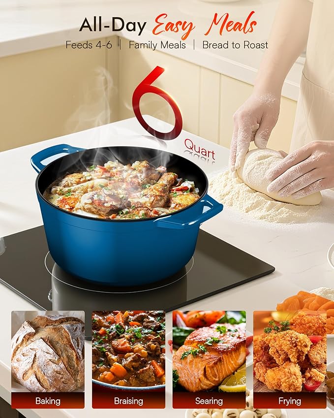 Nuwave 6QT Healthy Enameled Cast Iron Dutch Oven Pot with Lid, Heavy Duty 7-Layer Enamel, Enhanced Rust Protection, Dual Handles, Oven Safe to 500째F for Sourdough Bread Baking, Braise, Stew, Roast
