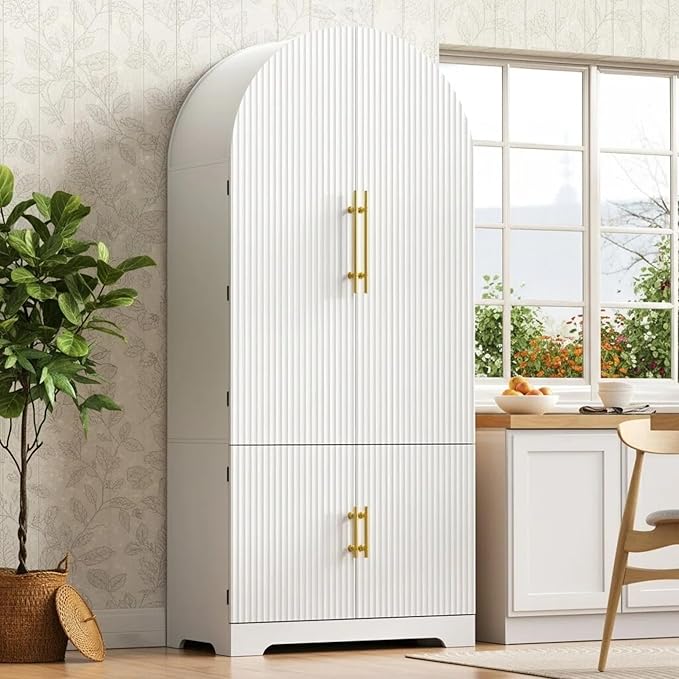 72" Tall Arched Kitchen Pantry, Modern Fluted Wood Storage Cabinet with 3 Adjustable Shelves and Hidden Drawer, Versatile Cupboard for Dining Room, Living Room, Bathroom, White