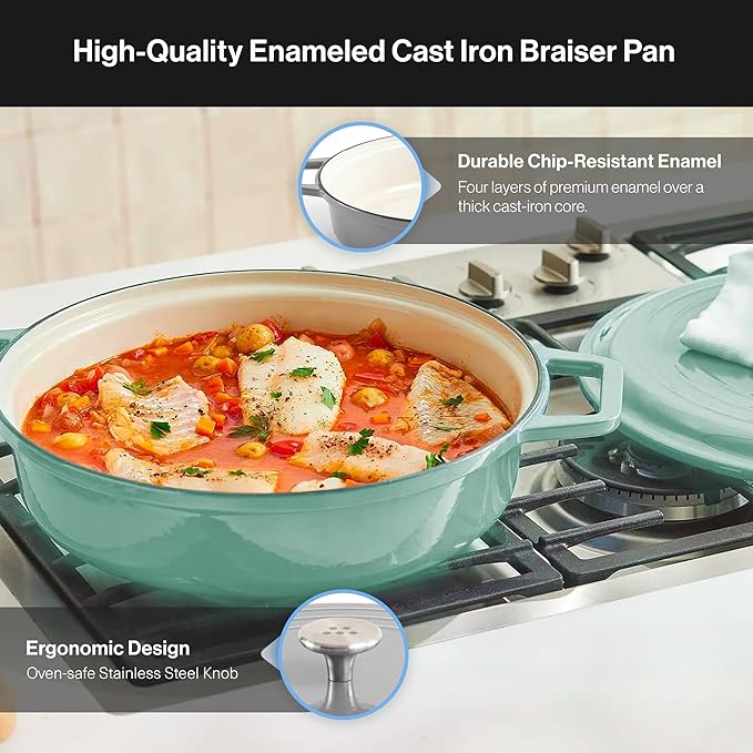 Misen 5.5 QT Braiser ??Enameled Cast Iron Pan for Searing, Braising & Slow Cooking ??No-Chip Enamel Coating ??Extra-Wide Handles ??Superior Heat Retention & Even Cooking - Green