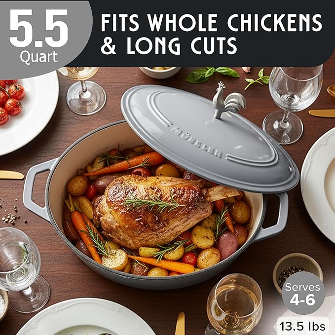MUELLER HOME 5.5 Quart Enameled Cast Iron Oval Dutch Oven with Rooster Knob & Cotton Potholders, Heavy-Duty Cookware, Oven-Safe up to 500째 F & Across All Cooktops, Gifts for Grandma & Women, Gray