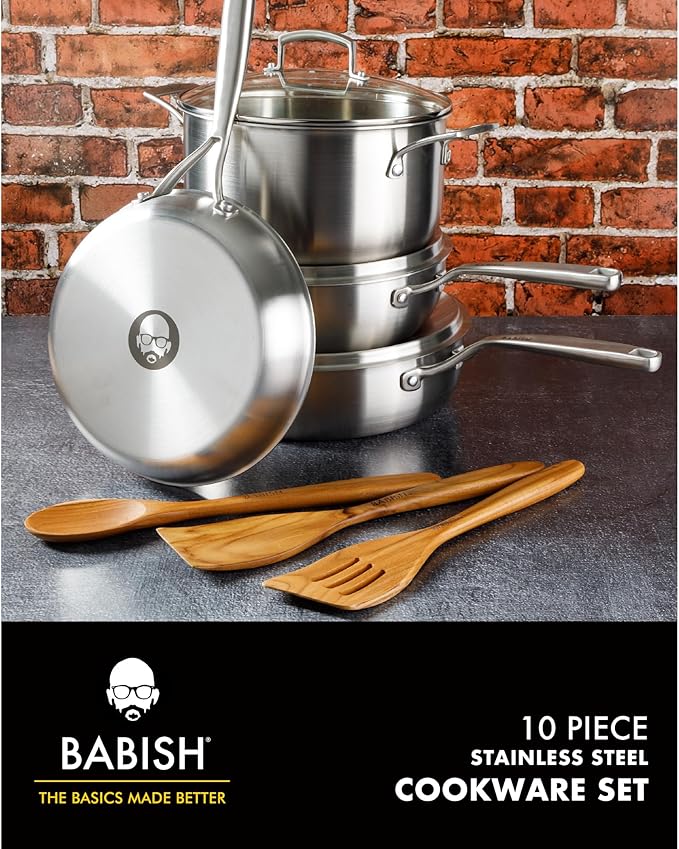 Babish 10-Piece Professional Tri-Ply Non-Toxic Pots and Pans Cookware Set ??Durable, Even Heat Distribution for Cooking and Baking