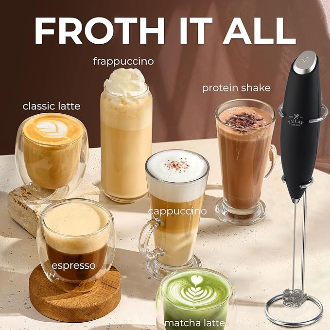 Zulay Kitchen Patented Tornado Triple Whisk Milk Frother with 4 Duracell Batteries ??Handheld Foam Maker for Coffee, Lattes, Matcha & Hot Chocolate ??Rich, Creamy Froth in Seconds