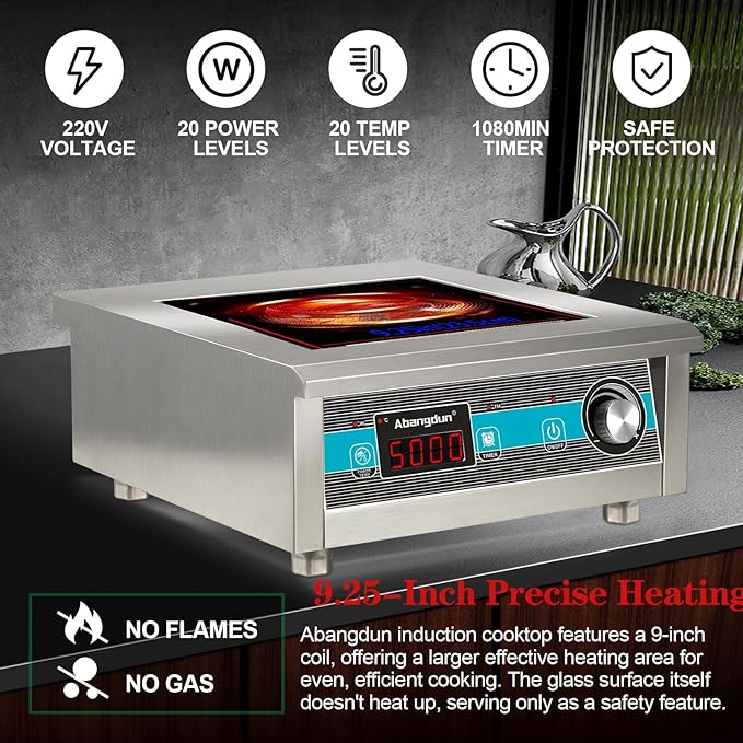 Commercial Induction Cooktop 5000W 190V~275V Electric Stove Commercial Range Countertop Burner with 18 Hour Timer Non Circulating Heating Portable Hot Plate for Restaurant&Hotel&Kitchen Use