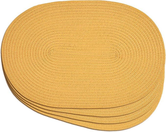 Noctiflorous Oval Braided Placemats Set of 4 Woven 12x18 Inch Non Slip Washable Heat Resistant Place Mats Round Tablemats for Dining Kitchen Party Daily Table Decor Dinner Mats (Solid Yellow, 4)