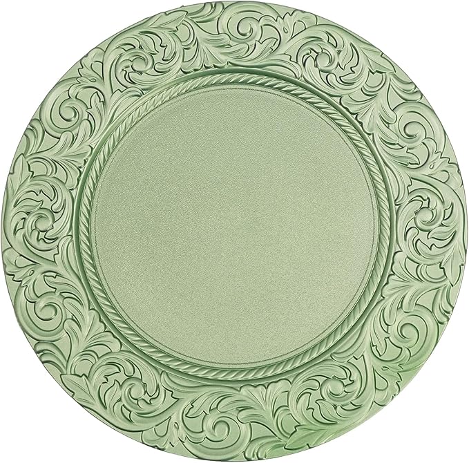 100pcs Green Charger Plates, 13" Round Reusable Decorative Flower Relief Carving Bulk Chargers for Dinner Plates, Wedding, Bridal Shower