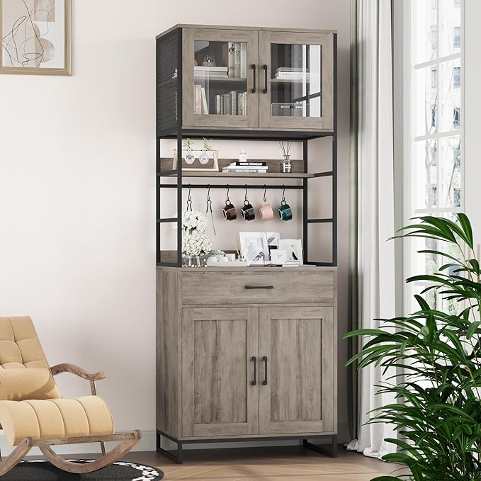 Hutch Cabinet with Storage, 71" H Kitchen Pantry Storage Cabinet with Microwave Stand, Hooks, Drawers for Home Bar, Kitchen, Dining Room, Industrial